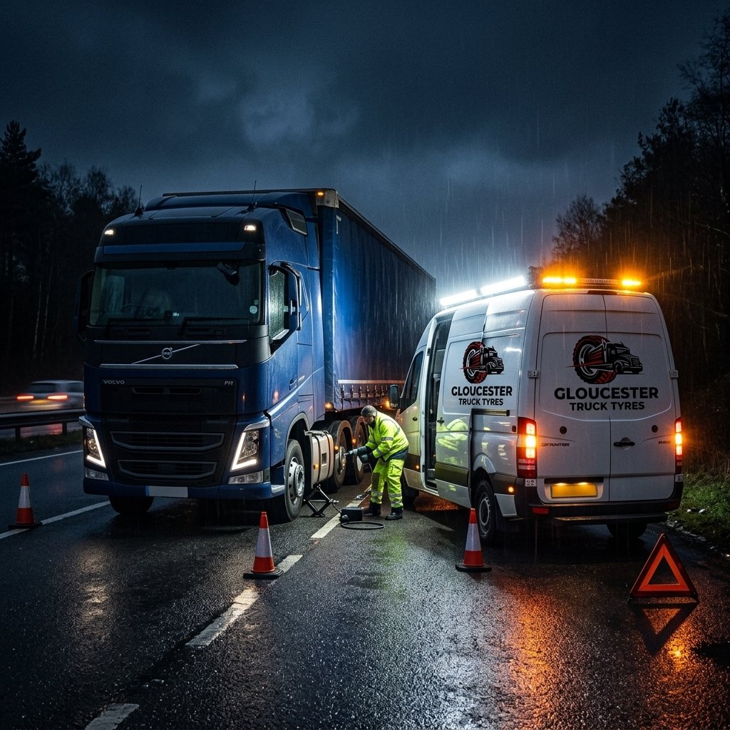 Van parked at lorry park with mechanic - Mobile Truck Tyre Fitting in Winchcombe