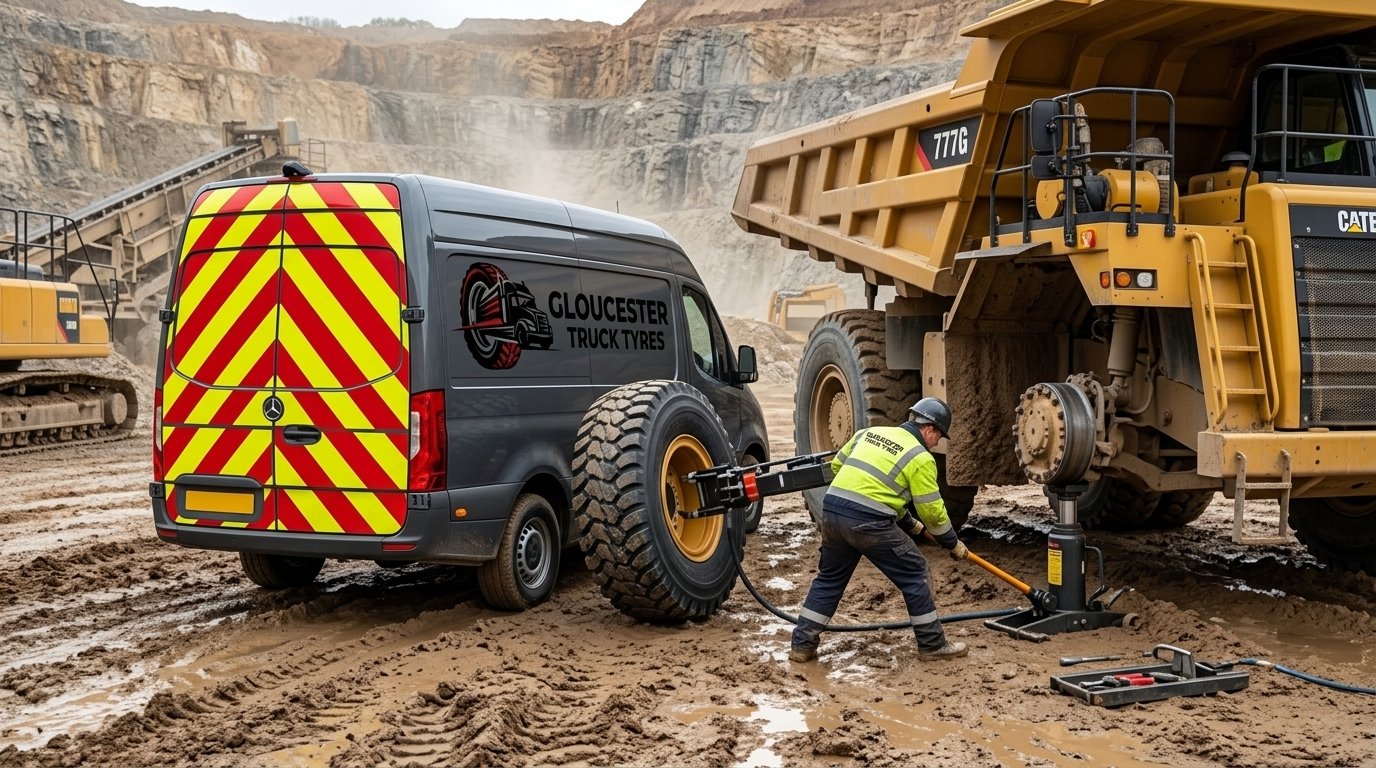 Mobile tyre fitting van in a muddy quarry fitting dump truck tyre