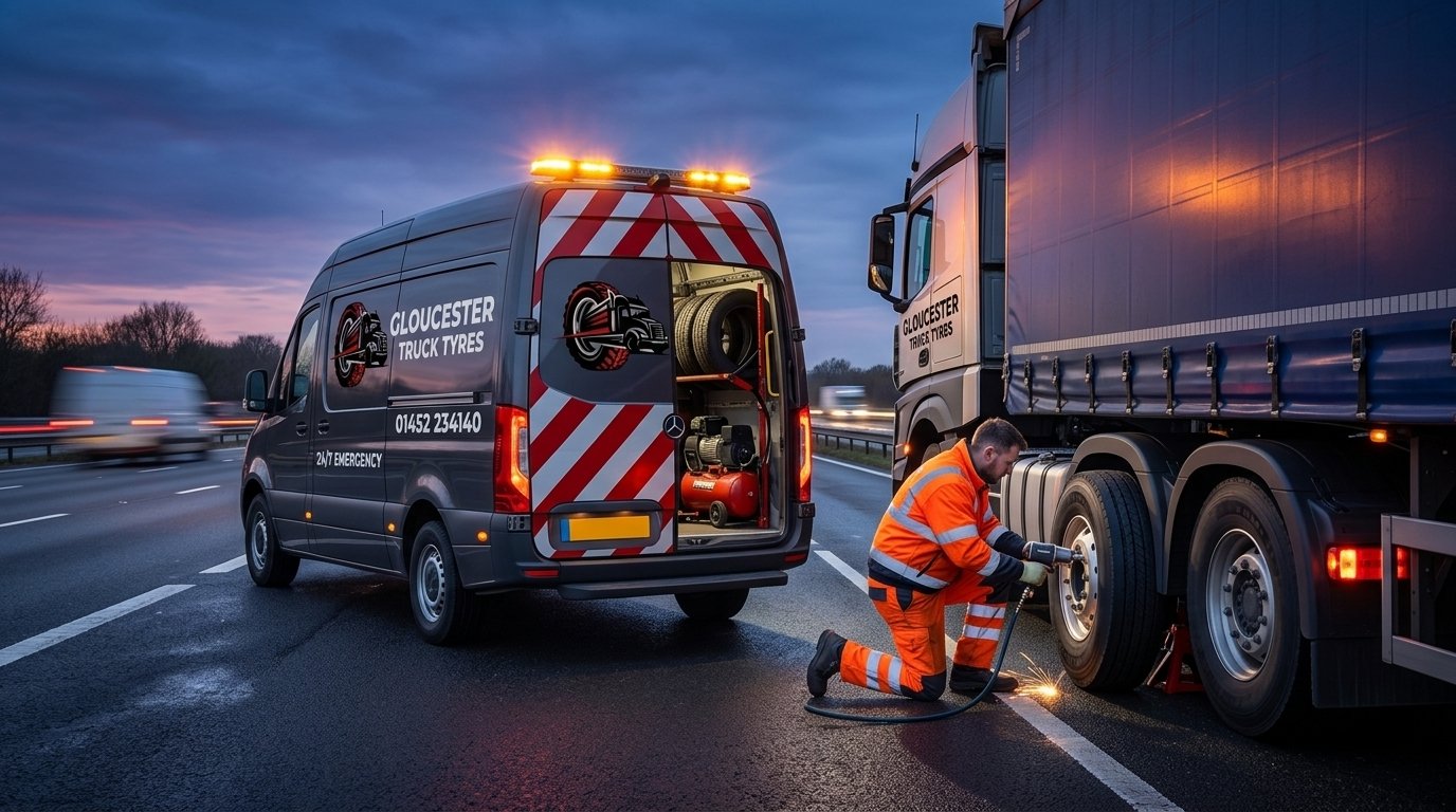 Mobile tyre van with beacons parked on motorway dusk assisting 18-wheeler