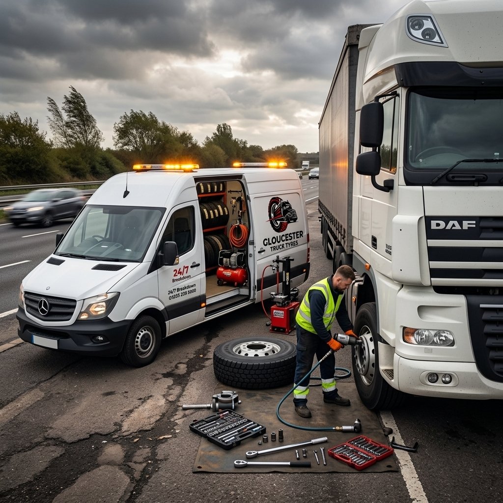 Gloucester Truck Tyres mobile fitting van changing a tyre on an HGV on the A34 - Mobile Truck Tyre Fitting in Gloucester